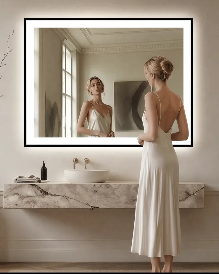 A woman in a white slip dress looking at her clear reflection in a black-framed backlit LED mirror above a marble vanity
