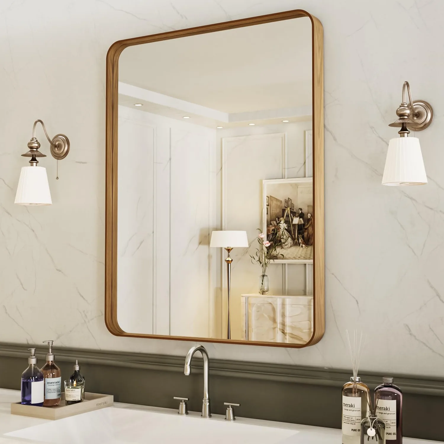 LOAAO 20X30 Inch Bathroom Mirror with Wood Grain Colored Metal Frame