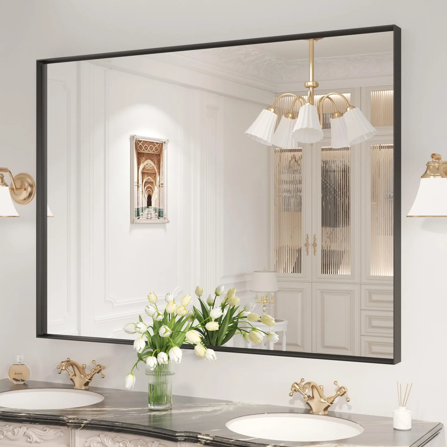 LOAAO Black Bathroom Mirror 48"X32" for Wall