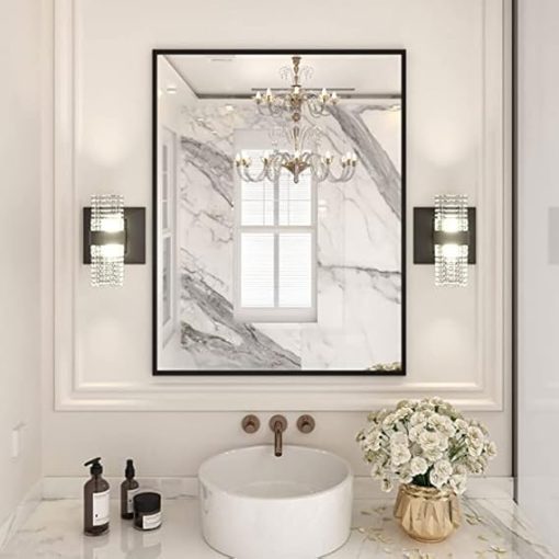 LOAAO 28"X36" Black Rectangle Bathroom Mirror Wall, Matte Black Aluminum Alloy Frame, Tempered Glass, Hangs Vertically or Horizontally, Easy to Install
