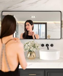 LOAAO 60X28 Inch Black Metal Framed Bathroom Mirror for Wall, Matte Black Bathroom Vanity Mirror Farmhouse, Large Rounded Rectangle Mirror, Anti-Rust, Tempered Glass, Hangs Horizontally or Vertically 2