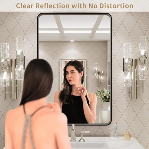 LOAAO 20X30 Inch Black Metal Framed Bathroom Mirror for Wall, Matte Black Bathroom Vanity Mirror Farmhouse, Large Rounded Rectangle Mirror, Anti-Rust, Tempered Glass, Hangs Horizontally or Vertically - Image 2