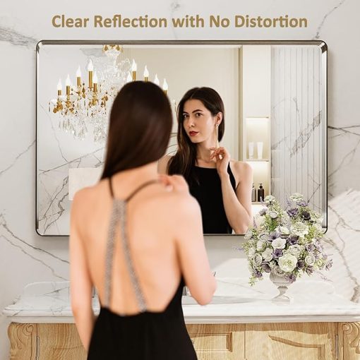 LOAAO 48X32 Inch Brushed Nickel Bathroom Mirror, Rounded Rectangle Silver Metal Frame Mirror, Brushed Nickel, Anti-Rust, Shatter Proof, Hangs Horizontally or Vertically - Image 2