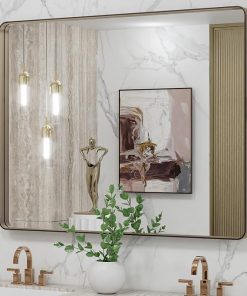 LOAAO 40”X32” Bronze Bathroom Mirrors for Vanity, Rounded Rectangle Brushed Bronze Metal Frame Mirror, Anti-Rust, Tempered Glass, Hangs Horizontally or Vertically