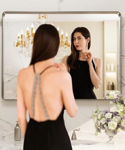 LOAAO 40X32 Inch Brushed Nickel Bathroom Mirror, Rounded Rectangle Silver Metal Frame Mirror, Brushed Nickel, Anti-Rust, Shatter Proof, Hangs Horizontally or Vertically 2