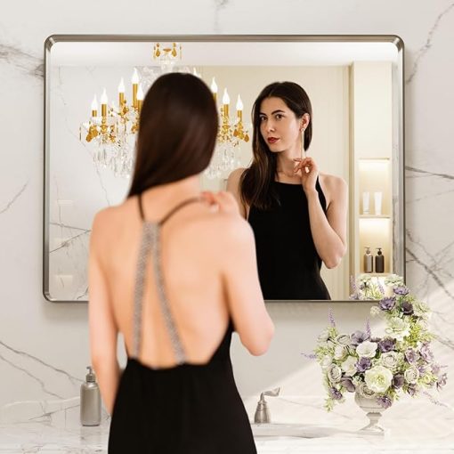 LOAAO 40X32 Inch Brushed Nickel Bathroom Mirror, Rounded Rectangle Silver Metal Frame Mirror, Brushed Nickel, Anti-Rust, Shatter Proof, Hangs Horizontally or Vertically - Image 2