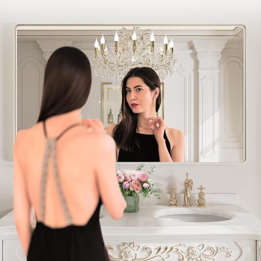 LOAAO 60X36 Inch Brushed Nickel Bathroom Mirror, Rounded Rectangle Silver Metal Frame Mirror, Brushed Nickel, Anti-Rust, Shatter Proof, Hangs Horizontally or Vertically - Image 2