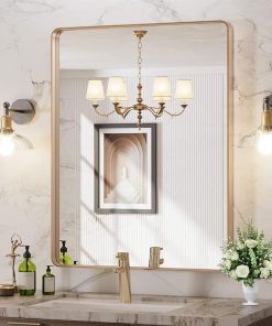 LOAAO 28”X36” Gold Bathroom Mirror, Rounded Rectangle Gold Frame Mirror, Brushed Gold Bathroom Vanity Mirror Wall-Mounted, Anti-Rust, Tempered Glass, Hangs Horizontally or Vertically