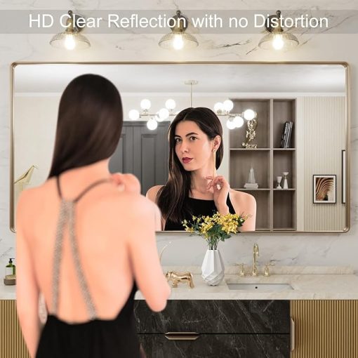 LOAAO 72”X36” Gold Bathroom Mirror, Rounded Rectangle Gold Frame Mirror, Brushed Gold Bathroom Vanity Mirror Wall-Mounted, Anti-Rust, Tempered Glass, Hangs Horizontally or Vertically - Image 2