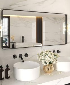 LOAAO 60X28 Inch Black Metal Framed Bathroom Mirror for Wall, Matte Black Bathroom Vanity Mirror Farmhouse, Large Rounded Rectangle Mirror, Anti-Rust, Tempered Glass, Hangs Horizontally or Vertically