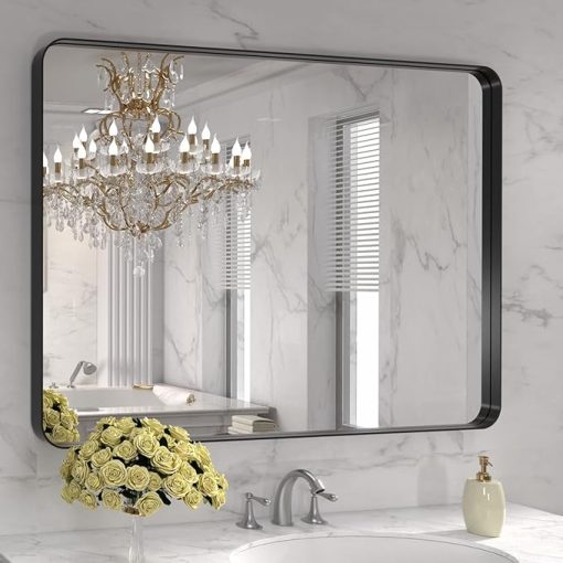 LOAAO 40X30 Inch Black Metal Framed Bathroom Mirror for Wall, Matte Black Bathroom Vanity Mirror Farmhouse, Large Rounded Rectangle Mirror, Anti-Rust, Tempered Glass, Hangs Horizontally or Vertically