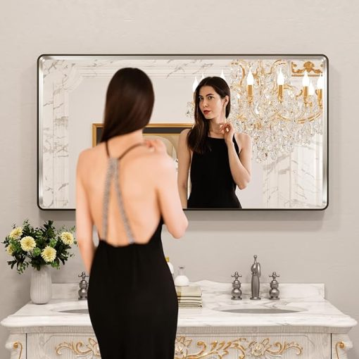 LOAAO 55X30 Inch Brushed Nickel Bathroom Mirror, Rounded Rectangle Silver Metal Frame Mirror, Brushed Nickel, Anti-Rust, Shatter Proof, Hangs Horizontally or Vertically - Image 2