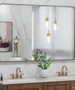 LOAAO 48”X30” Bronze Bathroom Mirrors for Vanity, Rounded Rectangle Brushed Bronze Metal Frame Mirror, Anti-Rust, Tempered Glass, Hangs Horizontally or Vertically