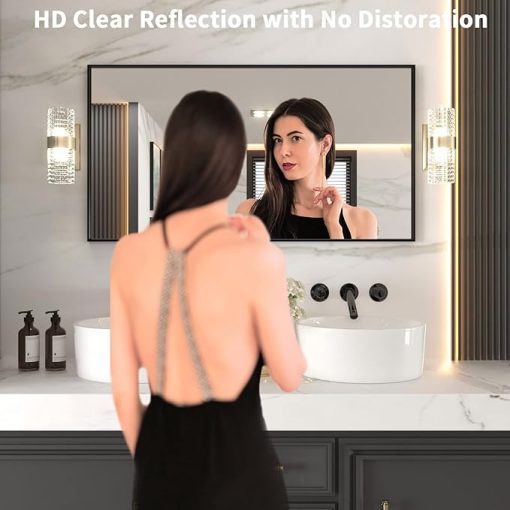 LOAAO 55"X30" Black Rectangle Bathroom Mirror Wall, Matte Black Aluminum Alloy Frame, Tempered Glass, Hangs Vertically or Horizontally, Easy to Install - Image 2