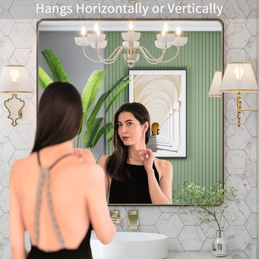 LOAAO 36”X36” Bronze Bathroom Mirrors for Vanity, Rounded Rectangle Brushed Bronze Metal Frame Mirror, Anti-Rust, Tempered Glass, Hangs Horizontally or Vertically - Image 2