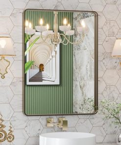 LOAAO 22”X30” Bronze Bathroom Mirrors for Vanity, Rounded Rectangle Brushed Bronze Metal Frame Mirror, Anti-Rust, Tempered Glass, Hangs Horizontally or Vertically