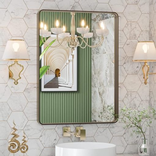 LOAAO 22”X30” Bronze Bathroom Mirrors for Vanity, Rounded Rectangle Brushed Bronze Metal Frame Mirror, Anti-Rust, Tempered Glass, Hangs Horizontally or Vertically