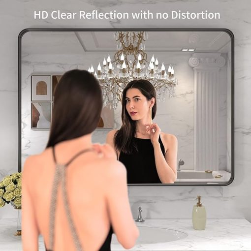 LOAAO 40X30 Inch Black Metal Framed Bathroom Mirror for Wall, Matte Black Bathroom Vanity Mirror Farmhouse, Large Rounded Rectangle Mirror, Anti-Rust, Tempered Glass, Hangs Horizontally or Vertically - Image 2
