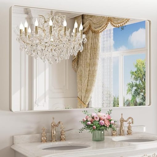 LOAAO 60X36 Inch Brushed Nickel Bathroom Mirror, Rounded Rectangle Silver Metal Frame Mirror, Brushed Nickel, Anti-Rust, Shatter Proof, Hangs Horizontally or Vertically