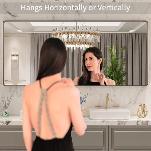 LOAAO 72”X32” Bronze Bathroom Mirrors for Vanity, Rounded Rectangle Brushed Bronze Metal Frame Mirror, Anti-Rust, Tempered Glass, Hangs Horizontally or Vertically - Image 2
