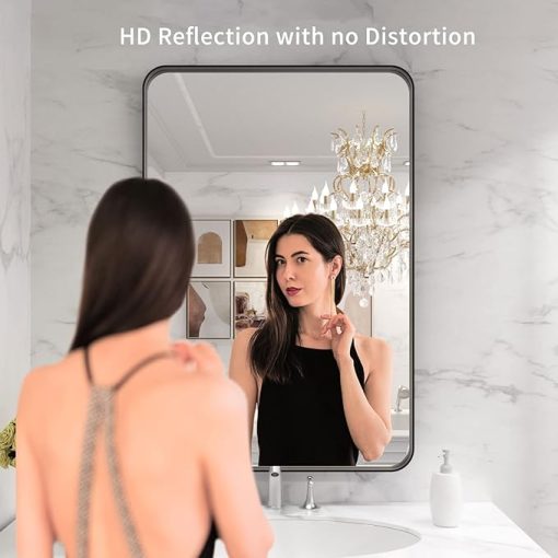 LOAAO Black Metal Framed Bathroom Mirror for Wall, 24X36 Inch Rounded Rectangle Mirror, Matte Black Bathroom Vanity Mirror Farmhouse, Anti-Rust, Tempered Glass, Hangs Horizontally or Vertically - Image 2