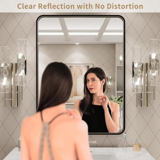 LOAAO 24X32 Inch Black Metal Framed Bathroom Mirror for Wall, Matte Black Bathroom Vanity Mirror Farmhouse, Large Rounded Rectangle Mirror, Anti-Rust, Tempered Glass, Hangs Horizontally or Vertically - Image 2