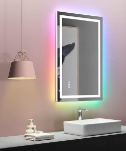 LOAAO 28″X36″ LED Bathroom Mirror with Lights, Anti-Fog, Dimmable, RGB Backlit + Front Lighted, Bathroom Vanity Mirror for Wall, Memory Function, Tempered Glass (Safe to Use)