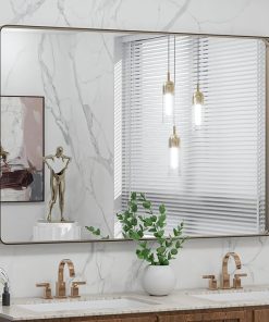 LOAAO 48”X32” Bronze Bathroom Mirrors for Vanity, Rounded Rectangle Brushed Bronze Metal Frame Mirror, Anti-Rust, Tempered Glass, Hangs Horizontally or Vertically