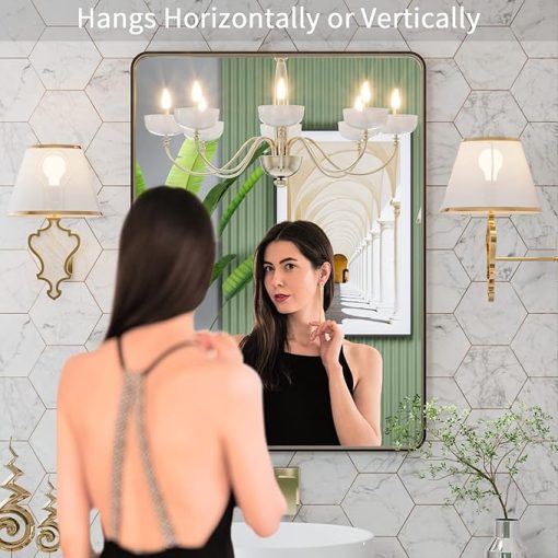 LOAAO 22”X30” Bronze Bathroom Mirrors for Vanity, Rounded Rectangle Brushed Bronze Metal Frame Mirror, Anti-Rust, Tempered Glass, Hangs Horizontally or Vertically - Image 2