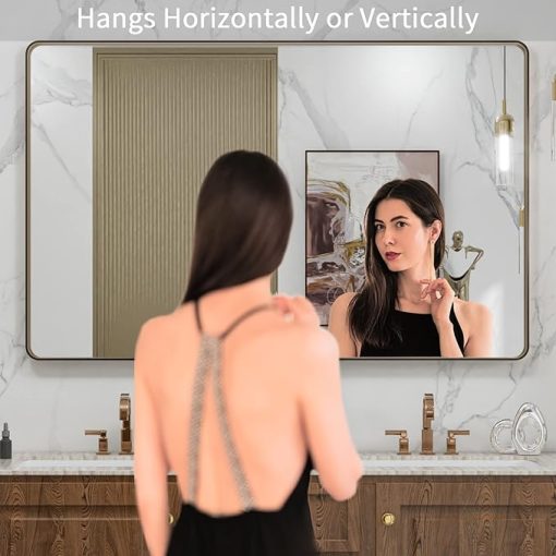 LOAAO 48”X30” Bronze Bathroom Mirrors for Vanity, Rounded Rectangle Brushed Bronze Metal Frame Mirror, Anti-Rust, Tempered Glass, Hangs Horizontally or Vertically - Image 2
