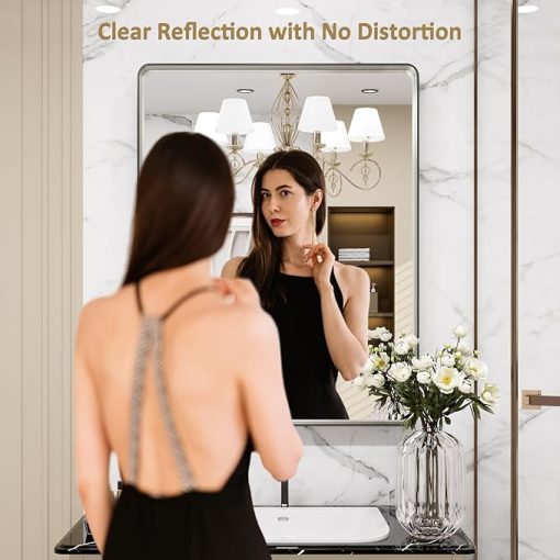 LOAAO 22X30 Inch Brushed Nickel Bathroom Mirror, Rounded Rectangle Silver Metal Frame Mirror, Brushed Nickel, Anti-Rust, Hangs Horizontally or Vertically - Image 2