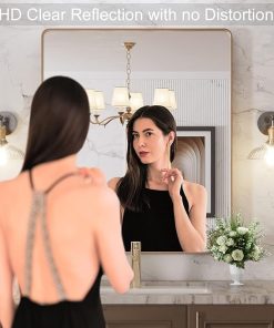 LOAAO 30”X36” Gold Bathroom Mirror, Rounded Rectangle Gold Frame Mirror, Brushed Gold Bathroom Vanity Mirror Wall-Mounted, Anti-Rust, Tempered Glass, Hangs Horizontally or Vertically 2