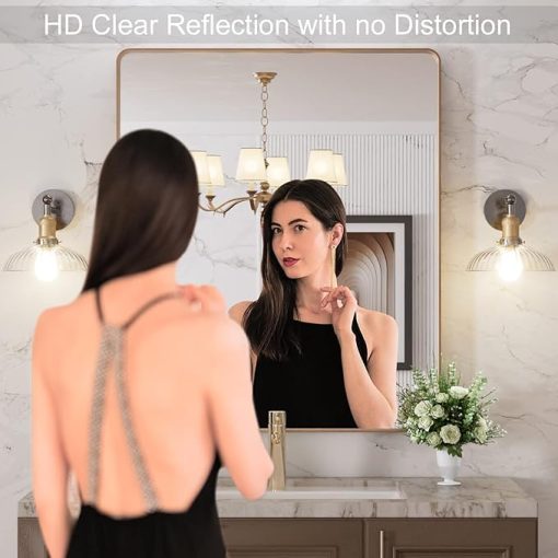 LOAAO 30”X36” Gold Bathroom Mirror, Rounded Rectangle Gold Frame Mirror, Brushed Gold Bathroom Vanity Mirror Wall-Mounted, Anti-Rust, Tempered Glass, Hangs Horizontally or Vertically - Image 2