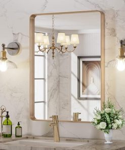 LOAAO 22”X30” Gold Bathroom Mirror, Rounded Rectangle Gold Frame Mirror, Brushed Gold Bathroom Vanity Mirror Wall-Mounted, Anti-Rust, Tempered Glass, Hangs Horizontally or Vertically