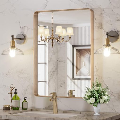 LOAAO 22”X30” Gold Bathroom Mirror, Rounded Rectangle Gold Frame Mirror, Brushed Gold Bathroom Vanity Mirror Wall-Mounted, Anti-Rust, Tempered Glass, Hangs Horizontally or Vertically