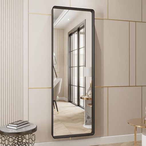 LOAAO 65X22 Inch Black Metal Framed Bathroom Mirror for Wall, Matte Black Bathroom Vanity Mirror Farmhouse, Large Rounded Rectangle Mirror, Anti-Rust, Tempered Glass, Hangs Horizontally or Vertically