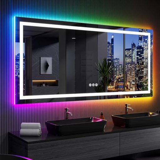 LOAAO 84X32 Inch RGB LED Bathroom Mirror with Lights, Anti-Fog, Dimmable Lighted Bathroom Vanity Mirror, Colorful Multiple Light Modes, RGB Backlit + Front Light, Memory Function, Tempered Glass - Image 2
