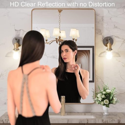 LOAAO 24”X36” Gold Bathroom Mirror, Rounded Rectangle Gold Frame Mirror, Brushed Gold Bathroom Vanity Mirror Wall-Mounted, Anti-Rust, Tempered Glass, Hangs Horizontally or Vertically - Image 2