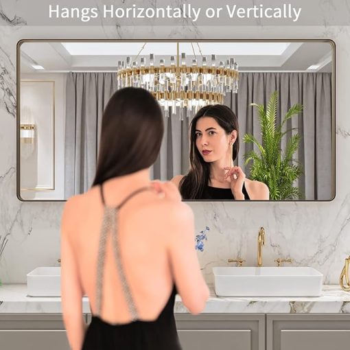 LOAAO 60”X30” Bronze Bathroom Mirrors for Vanity, Rounded Rectangle Brushed Bronze Metal Frame Mirror, Anti-Rust, Tempered Glass, Hangs Horizontally or Vertically - Image 2