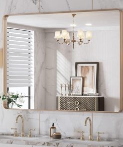 LOAAO 40”X30” Gold Bathroom Mirror, Rounded Rectangle Gold Frame Mirror, Brushed Gold Bathroom Vanity Mirror Wall-Mounted, Anti-Rust, Tempered Glass, Hangs Horizontally or Vertically