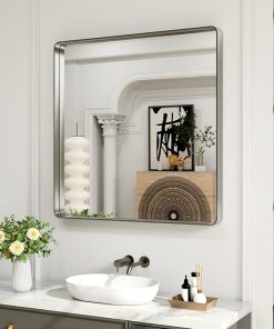 LOAAO 36X36 Inch Brushed Nickel Bathroom Mirror, Rounded Rectangle Silver Metal Frame Mirror, Brushed Nickel, Anti-Rust, Shatter Proof, Hangs Horizontally or Vertically