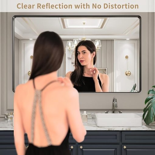 LOAAO 60X30 Inch Black Metal Framed Bathroom Mirror for Wall, Matte Black Bathroom Vanity Mirror Farmhouse, Large Rounded Rectangle Mirror, Anti-Rust, Tempered Glass, Hangs Horizontally or Vertically - Image 2