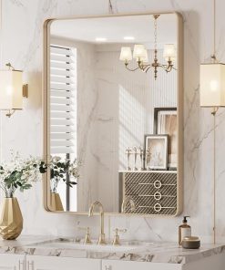 LOAAO 20”X30” Gold Bathroom Mirror, Rounded Rectangle Gold Frame Mirror, Brushed Gold Bathroom Vanity Mirror Wall-Mounted, Anti-Rust, Hangs Horizontally or Vertically