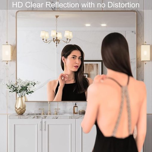 LOAAO 48”X36” Gold Bathroom Mirror, Rounded Rectangle Gold Frame Mirror, Brushed Gold Bathroom Vanity Mirror Wall-Mounted, Anti-Rust, Tempered Glass, Hangs Horizontally or Vertically - Image 2