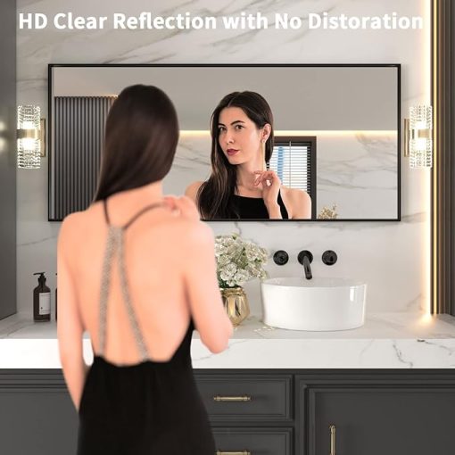 LOAAO 72"X32" Black Rectangle Bathroom Mirror Wall, Matte Black Aluminum Alloy Frame, Tempered Glass, Hangs Vertically or Horizontally, Easy to Install - Image 2