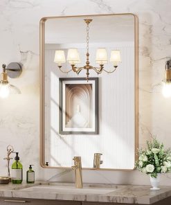 LOAAO 24”X36” Gold Bathroom Mirror, Rounded Rectangle Gold Frame Mirror, Brushed Gold Bathroom Vanity Mirror Wall-Mounted, Anti-Rust, Tempered Glass, Hangs Horizontally or Vertically