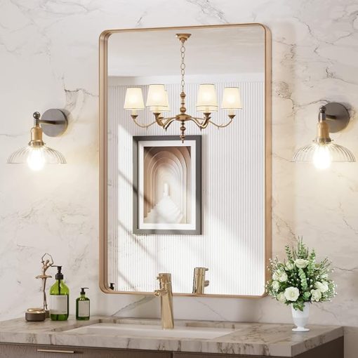 LOAAO 24”X36” Gold Bathroom Mirror, Rounded Rectangle Gold Frame Mirror, Brushed Gold Bathroom Vanity Mirror Wall-Mounted, Anti-Rust, Tempered Glass, Hangs Horizontally or Vertically