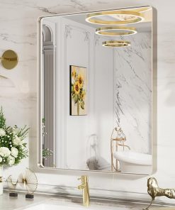 LOAAO 28X36 Inch Brushed Nickel Bathroom Mirror, Rounded Rectangle Silver Metal Frame Mirror, Brushed Nickel, Anti-Rust, Shatter Proof, Hangs Horizontally or Vertically