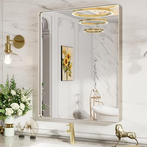 LOAAO 28X36 Inch Brushed Nickel Bathroom Mirror, Rounded Rectangle Silver Metal Frame Mirror, Brushed Nickel, Anti-Rust, Shatter Proof, Hangs Horizontally or Vertically