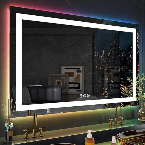 LOAAO 60X28 RGB LED Bathroom Mirror with Lights, Large, Anti-Fog, Dimmable Lighted Bathroom Vanity Mirror, Colorful Multiple Light Modes, RGB Backlit + Front Light, Memory Function - Image 2